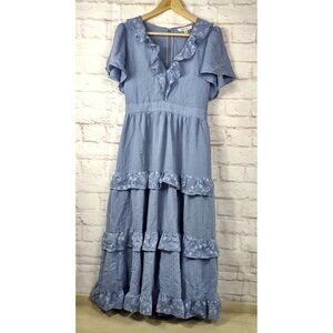 LALAVON Tiered Ruffled Midi Dress Size Medium Blue V-Neck Prairie Cottagecore